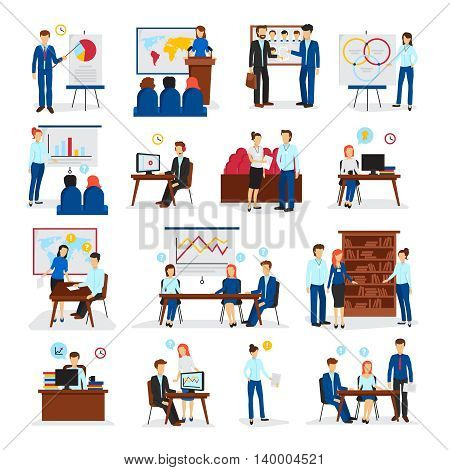 Business training and consulting programs for general management strategy and innovations flat icons collection isolated vector illustration