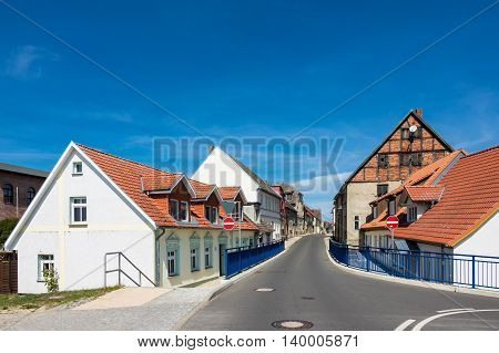 Buildings with blue sky in Loitz (Germany).