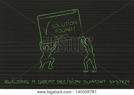 team lifting up a pop-up message with Solution Found concept of business intelligence and decision support systems