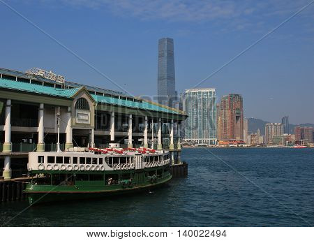 Beautiful old ferry and skyscraper in Hong Kong.