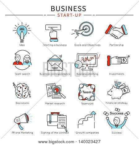 Startup business line icon set with descriptions of idea partnership team search brainstorm investment vector illustration