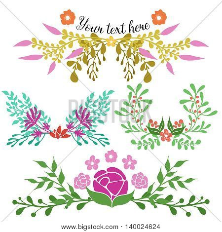 Hand drawn floral compositions of green flourish twigs and flowers in red pink colors isolated vector illustration