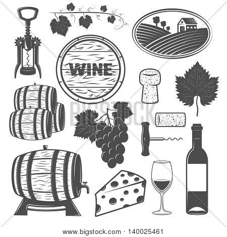 Wine monochrome objects set with vine wooden barrels bunch of grapes cheese signboard corkscrews isolated vector illustration