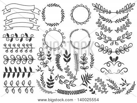Hand drawn decorative elements set with floral ornaments wreaths leaf and swirls ribbons vignettes isolated vector illustration