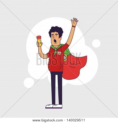 Fan of Portugal national football team sports. Character with flag in the national colors. Flat line style design