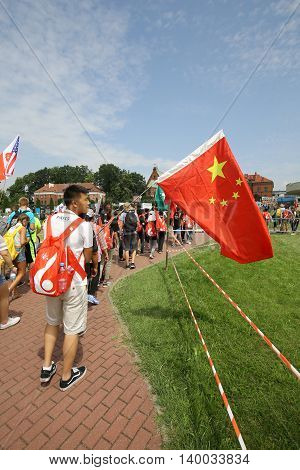 CRACOW POLAND - JULY 26 2016: World Youth Day 2016 - Pilgrims from China in the Sanctuary of Divine Mercy in Lagiewniki. Cracow Poland
