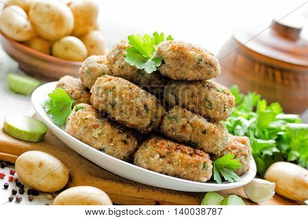 Juicy delicious meat cutlets in a rustic style selective focus