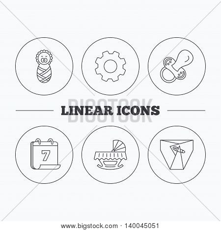 Pacifier, newborn and diapers icons. Cradle bed linear sign. Flat cogwheel and calendar symbols. Linear icons in circle buttons. Vector