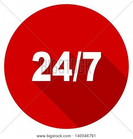 24/7 red vector icon, circle flat design internet button, web and mobile app illustration
