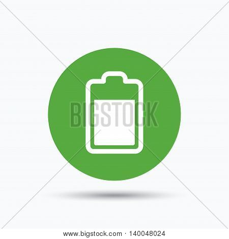 Battery power icon. Charging accumulator symbol. Flat web button with icon on white background. Green round pressbutton with shadow. Vector