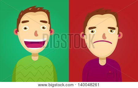 Attractive brown haired young man on two different face expressions collection