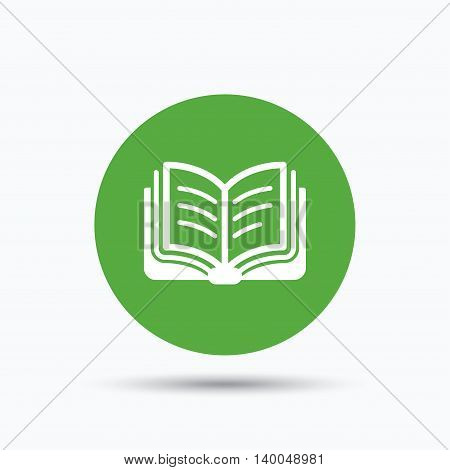 Book icon. Study literature sign. Education textbook symbol. Flat web button with icon on white background. Green round pressbutton with shadow. Vector