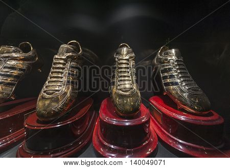 MADRID,SPAIN-MAY 2016: Cristiano Ronaldo Golden Boots prizes
at FC Real museum at Santiago Bernabeu stadium