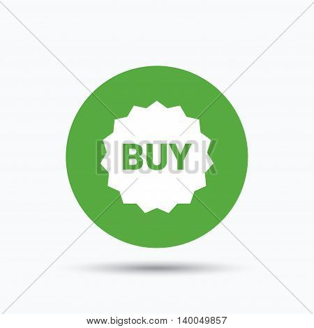 Buy icon. Online shopping star symbol. Flat web button with icon on white background. Green round pressbutton with shadow. Vector