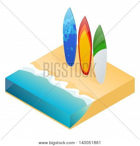 Vector modern colorful surfboard. Holiday surfboards on the ocean beach. Flat 3d vector isometric illustration