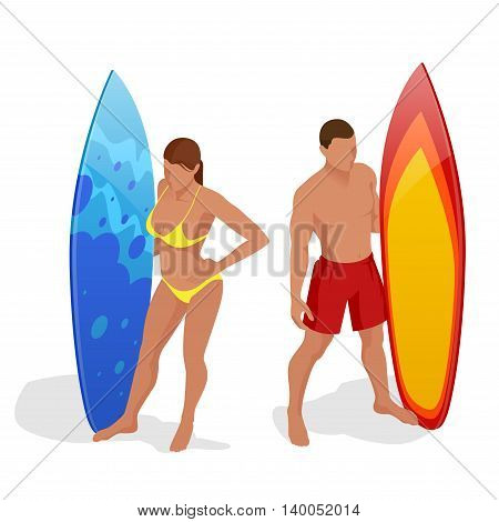 Man and woman are standing with a surfboard in his hands. Flat 3d vector isometric illustration. Extreme water sports.