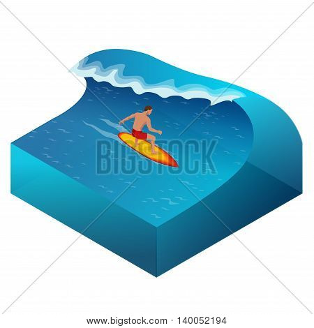 Surfer on Blue Ocean Wave in the Tube Getting Barreled. Flat 3d vector isometric illustration