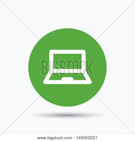 Computer icon. Notebook or laptop pc symbol. Flat web button with icon on white background. Green round pressbutton with shadow. Vector