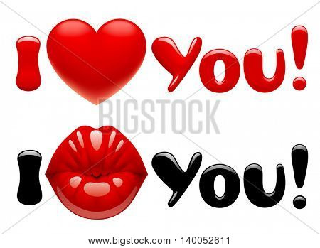 Valentine greeting cards with female glossy kissing red lips, heart and letters. Vector Illustration