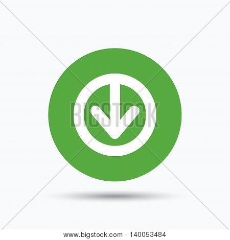 Download icon. Load internet data symbol. Flat web button with icon on white background. Green round pressbutton with shadow. Vector