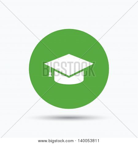 Education icon. Graduation cap symbol. Flat web button with icon on white background. Green round pressbutton with shadow. Vector