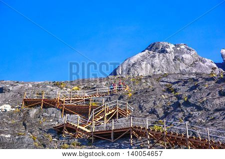 Ranau,Sabah-March 13,2016:Wooden stairs up to summit of mountain Kinabalu.The new Mount Kinabalu Summit Trail,Ranau trail was officially opened to climbers from all over the world on 1st Dec 2015.