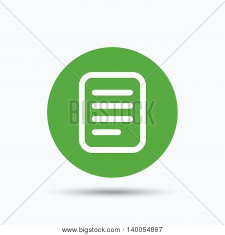File icon. Text document page symbol. Flat web button with icon on white background. Green round pressbutton with shadow. Vector