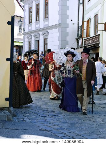 CESKY KRUMLOV, CZECH REPUBLIC - JUNE 18, 2016: Five-petalled Rose Festival on bystreet in Cesky Krumlov