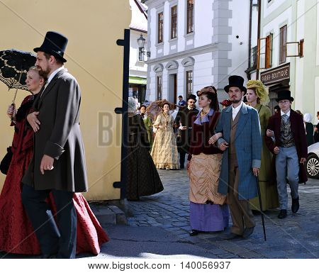 CESKY KRUMLOV, CZECH REPUBLIC - JUNE 18, 2016: Five-petalled Rose Festival on bystreet in Cesky Krumlov