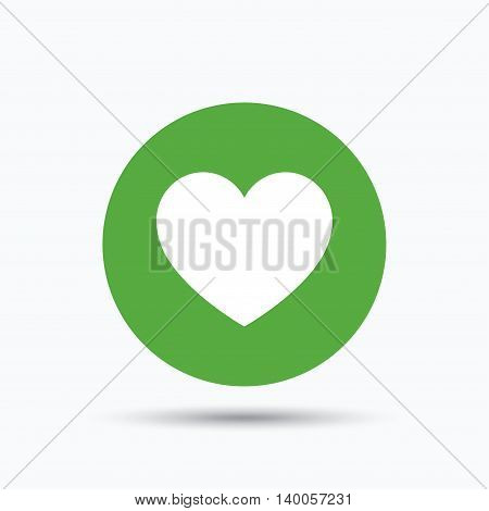 Heart icon. Romantic love symbol. Flat web button with icon on white background. Green round pressbutton with shadow. Vector