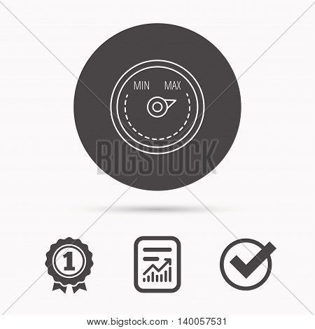 Heat regulator icon. Radiator thermometer sign. Report document, winner award and tick. Round circle button with icon. Vector
