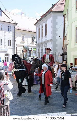 CESKY KRUMLOV, CZECH REPUBLIC - JUNE 18, 2016: Five-petalled Rose Festival on bystreet in Cesky Krumlov