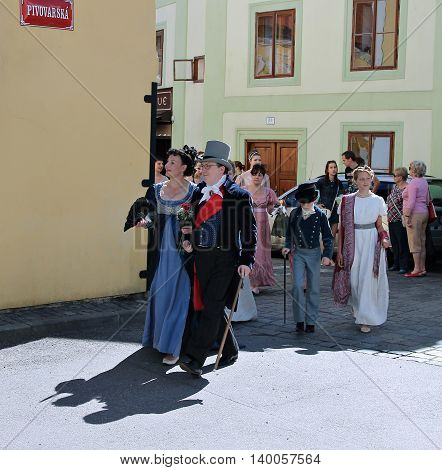 CESKY KRUMLOV, CZECH REPUBLIC - JUNE 18, 2016: Five-petalled Rose Festival on bystreet in Cesky Krumlov