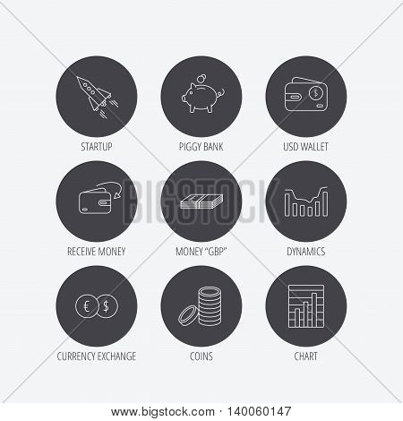 Piggy bank, cash money and startup rocket icons. Wallet, currency exchange and dollar usd linear signs. Chart, coins and dynamics icons. Linear icons in circle buttons. Flat web symbols. Vector