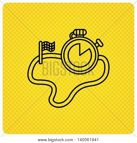 Race road icon. Finishing flag with timer sign. Linear icon on orange background. Vector