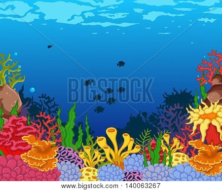 beauty corals cartoon with underwater view background