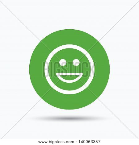 Happy smile icon. Smiley laugh emoticon symbol. Flat web button with icon on white background. Green round pressbutton with shadow. Vector