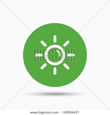 Sun icon. Sunny weather symbol. Flat web button with icon on white background. Green round pressbutton with shadow. Vector