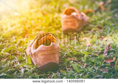 Closeup of a pair of leather shoes on green grass with bright sunlight shallow depth of field (dof) selective focus.