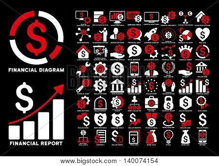 Dollar Finances Flat Vector Icons with Captions. Style is named bicolor red and white flat icons isolated on a black background.