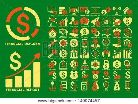 Dollar Finances Flat Vector Icons with Captions. Style is named bicolor orange and yellow flat icons isolated on a green background.