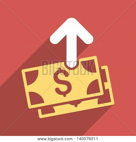 Pay Banknotes long shadow vector icon. Style is a flat pay banknotes iconic symbol on a red square background.