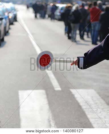 Road Block Policeman During A Traffic Control