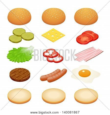 Burger isometric. Burger ingredients on white backgrounds. Ingredients for burgers and sandwiches. Fried egg, onions, beef, cheese, cucumbers and other elements to build custom burger. Tasty snack