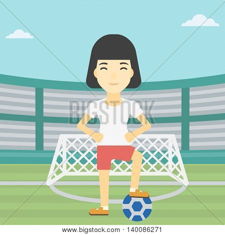 An asian sportswoman standing with football ball on the football stadium. Young professional football player with a soccer ball on the field. Vector flat design illustration. Square layout.