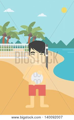 An asian young sportsman holding volleyball ball in hands. Sportive beach volleyball player standing at the shore with voleyball net. Vector flat design illustration. Vertical layout.