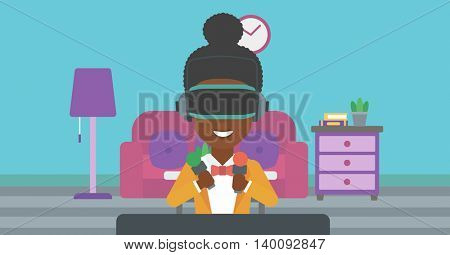 An african-american woman wearing a virtual reality headset and holding motion controllers in hands. Woman playing video games in apartment. Vector flat design illustration. Horizontal layout.