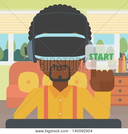An african-american man wearing virtual reality headset and playing video game. Man in virtual reality headset pushing virtual button start. Vector flat design illustration. Square layout.