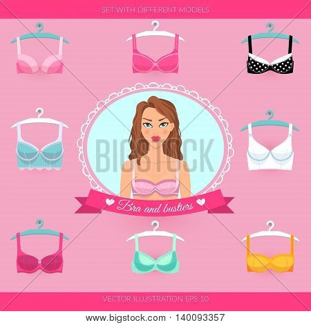 Bra and bustiers. Women's clothing. Vector illustration with young woman