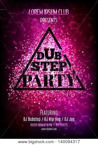 Dubstep party. Night club flyer template. Vector illustation with glitter and sparkles.